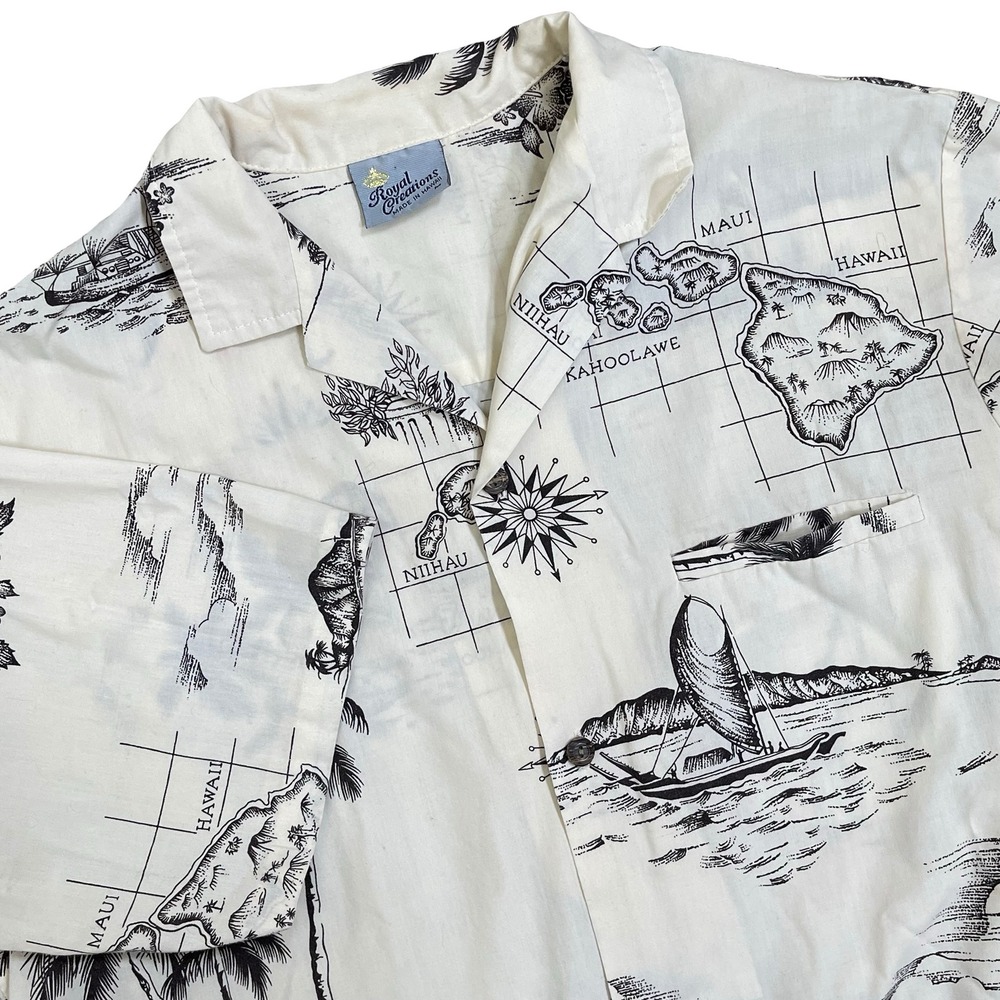 Vintage Royal Creations Hawaiian Map Camp Shirt Mens M Nautical Tropical Aloha
